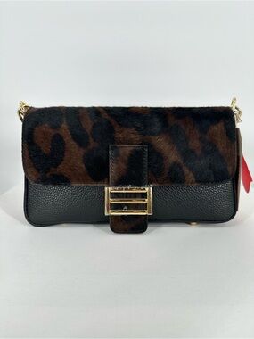 DIVINA FIRENZE Italian Leather Leopard Print Baguette Shoulder Bag Calf Hair NWT